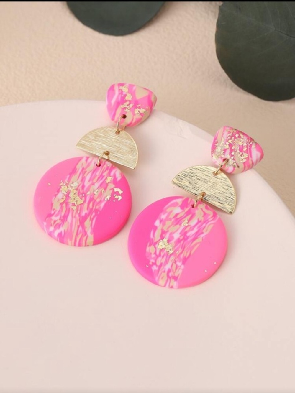 Hot Pink Marbled Drop Earrings with Gold Half-Moon - Picture 1 of 10